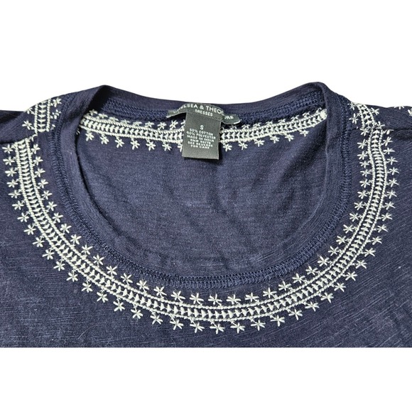 Chelsea & Theodore Navy Blue Embroidered Boho Shift Dress S Cap Sleeve Pocket - Picture 4 of 8